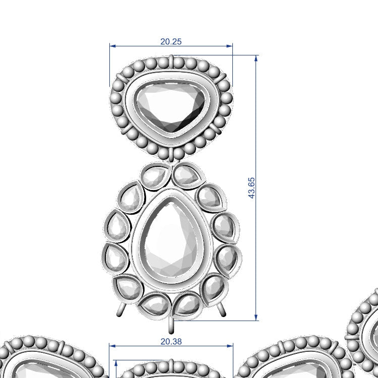 Jewelry design with teardrop-shaped elements and measurements on a white background