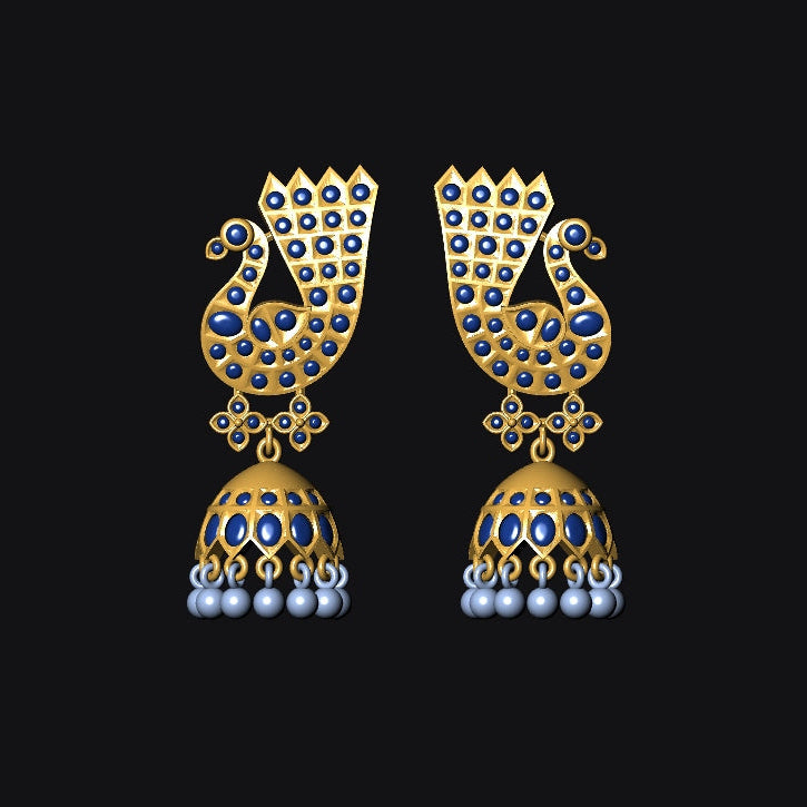 Gold and blue earrings with pearl accents on a black background