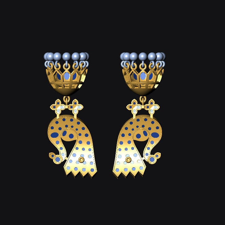 Pair of gold earrings with gemstones on a black background