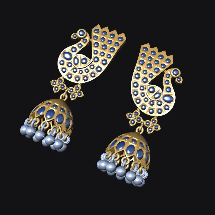 Gold and blue gemstone earrings on a black background