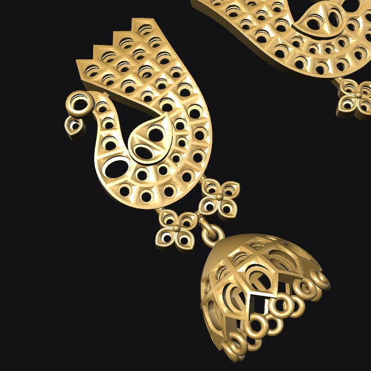 Gold earrings with intricate designs on a black background