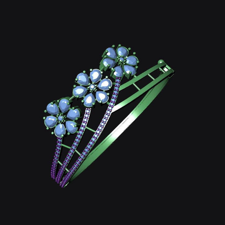 Jewelry item with green band and floral design on a black background