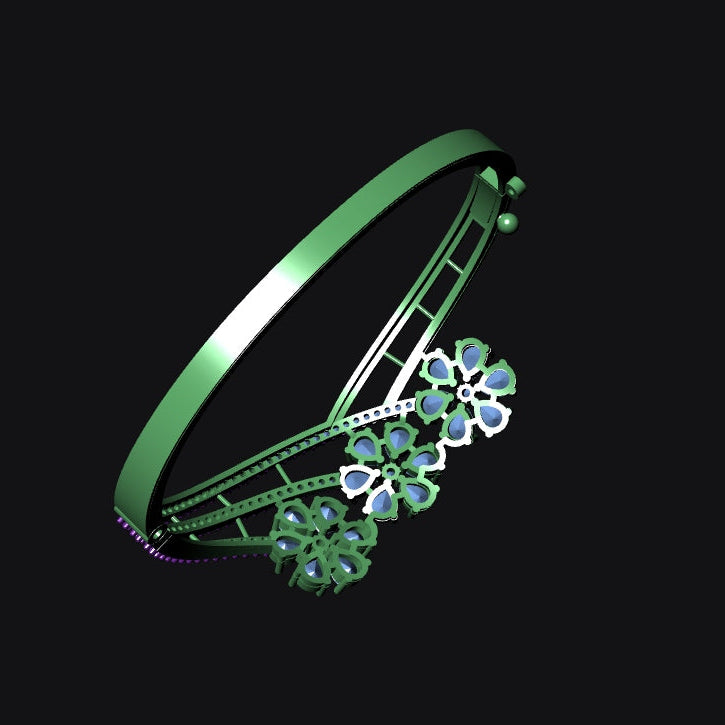 Green bracelet with floral designs on a black background