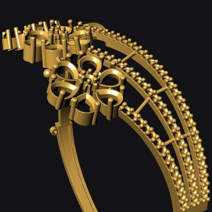 Gold bracelet with intricate design on a black background