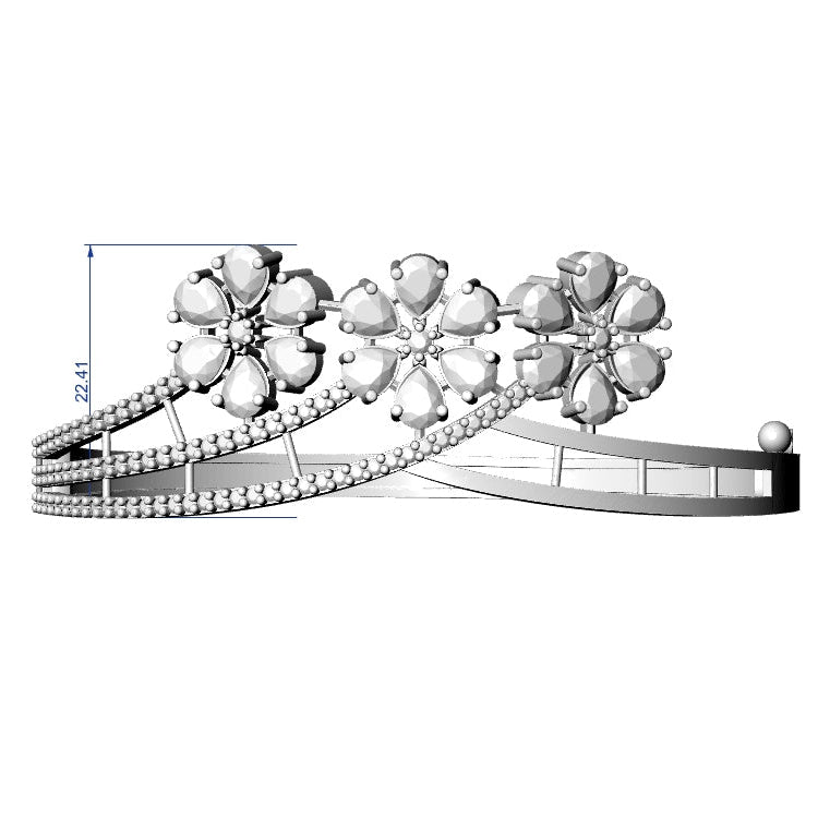 Silver tiara with floral design on a white background