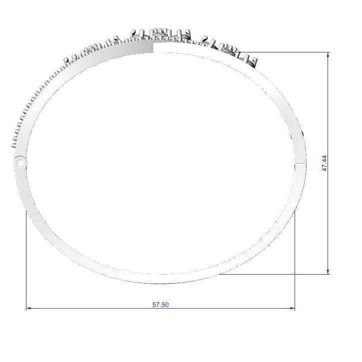 Circular object with measurement dimensions on a white background