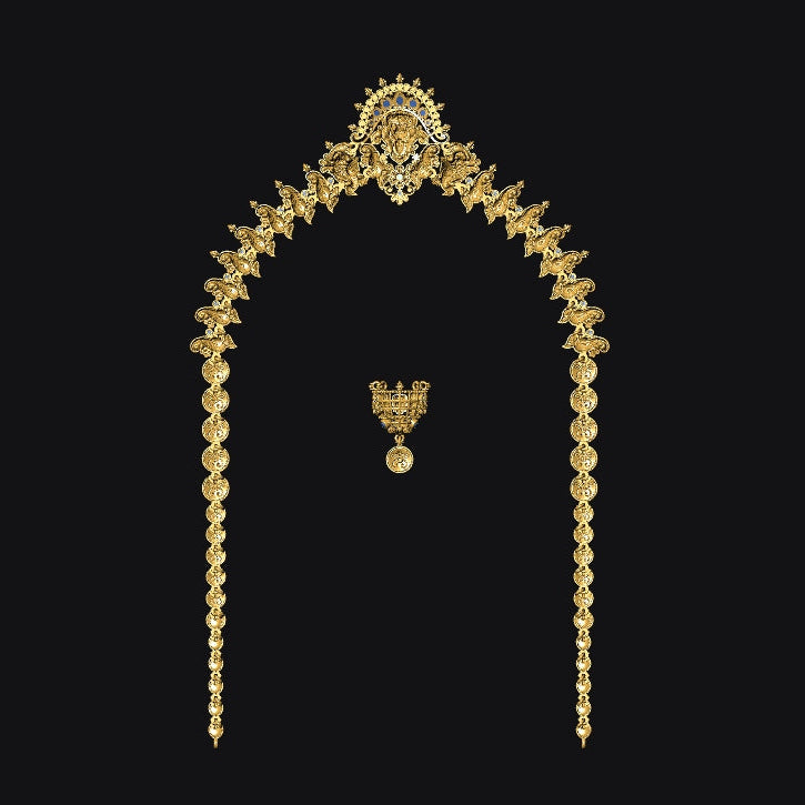 Gold necklace with matching earrings on a black background