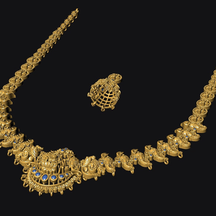 Gold necklace with matching earrings on a black background