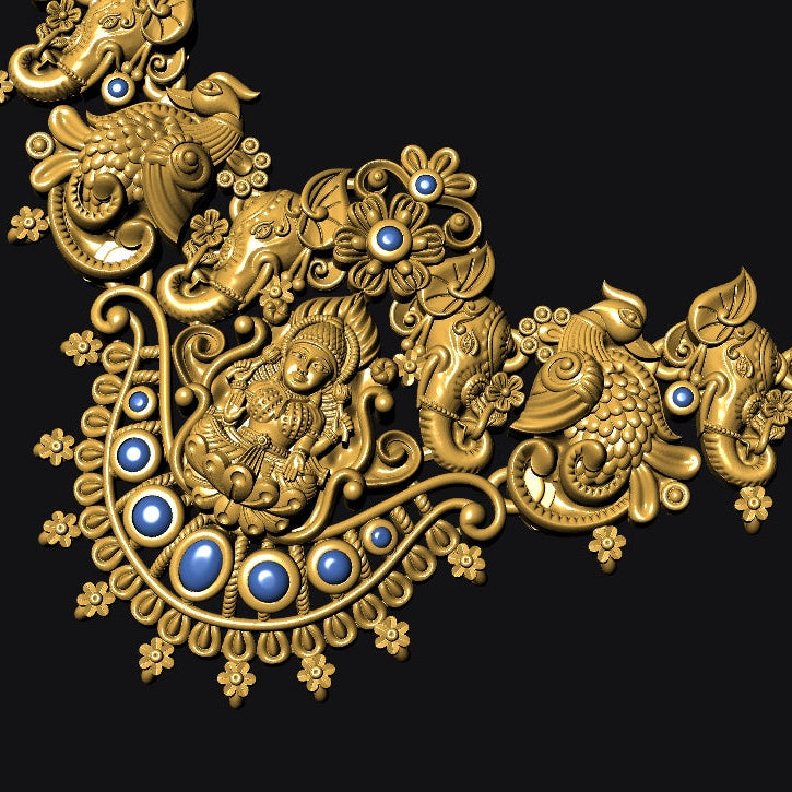 Gold necklace with intricate designs and blue stones on a black background