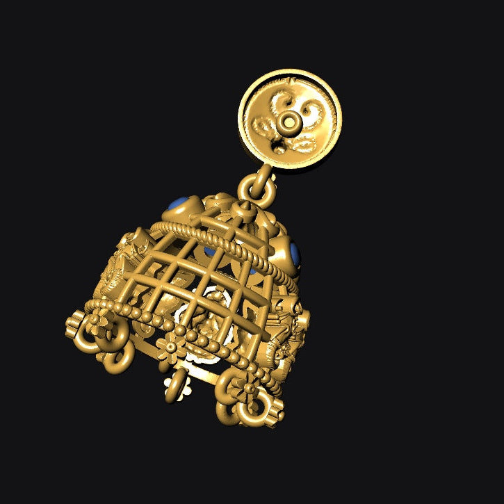 Gold bell-shaped earring on a black background