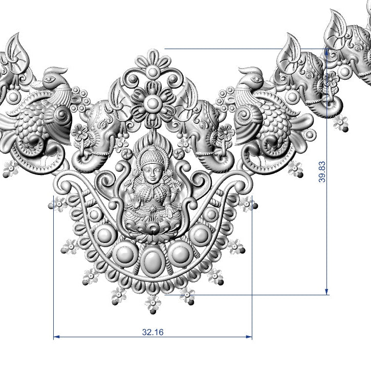 Detailed black and white drawing of an ornate necklace with intricate designs on a white background.
