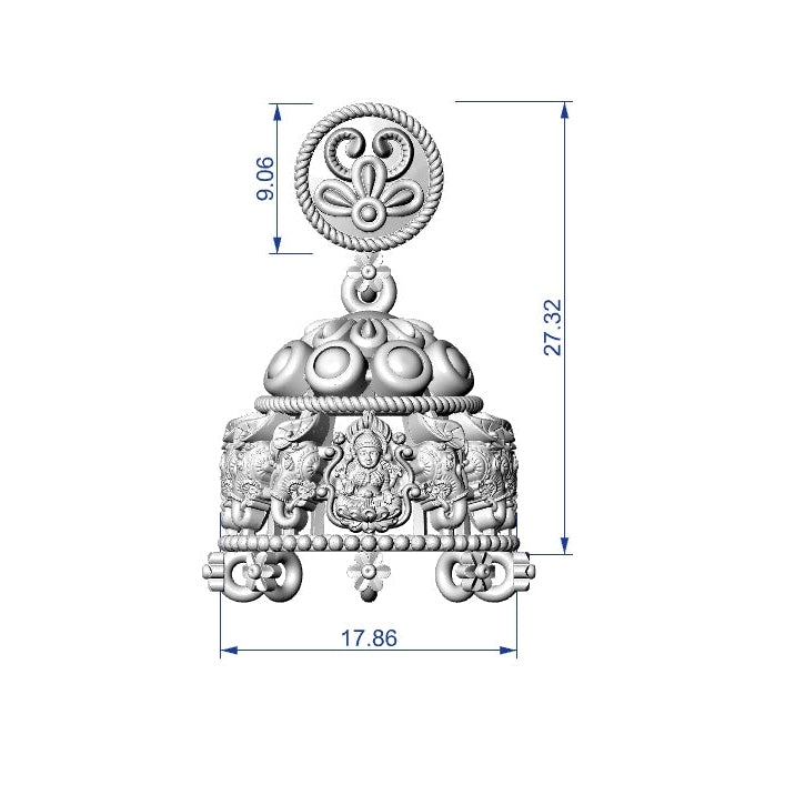 Silver pendant with measurements on a white background