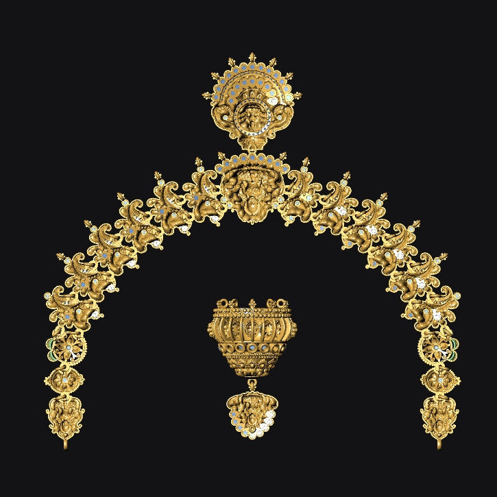 Gold jewelry set with necklace and earrings on a black background