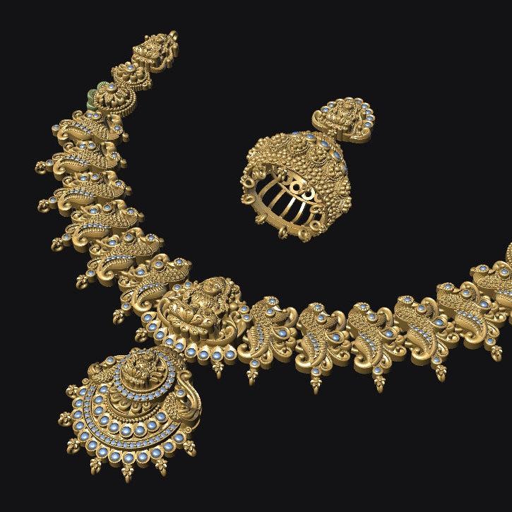 Gold necklace with matching earrings on a black background