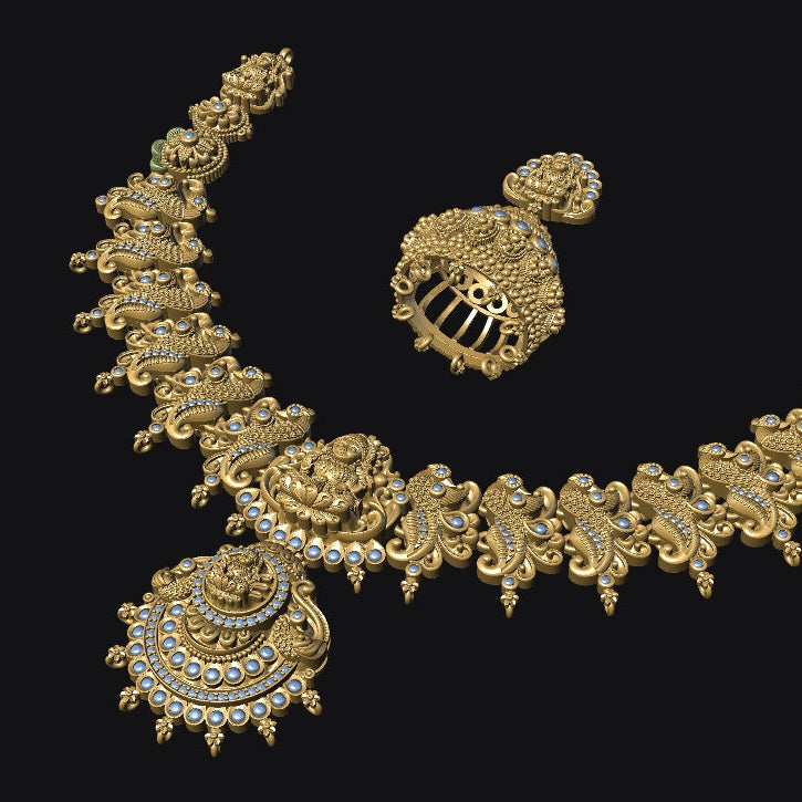 Gold necklace with matching earrings on a black background