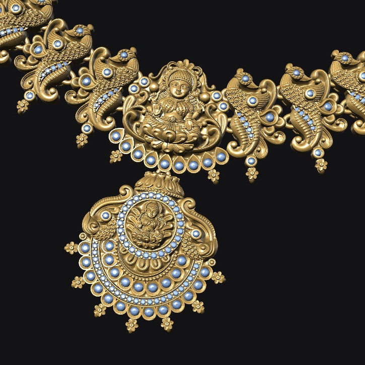 Gold necklace with intricate designs on a black background