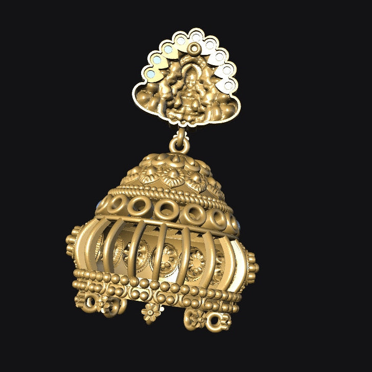 Gold jhumka earring on a black background