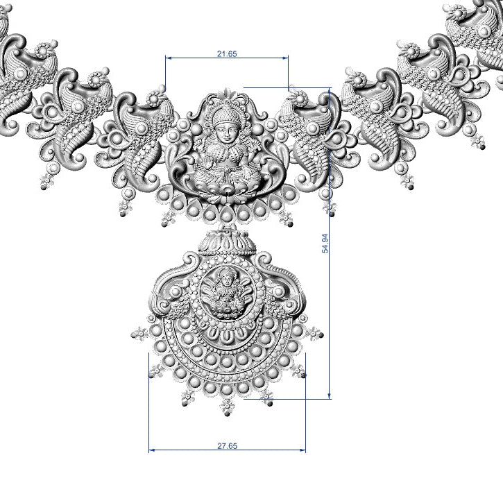 Detailed black and white drawing of an ornate necklace on a white background