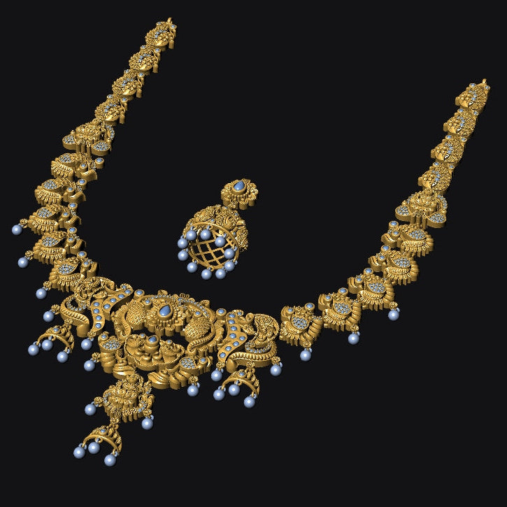 Gold necklace with matching earrings on a black background