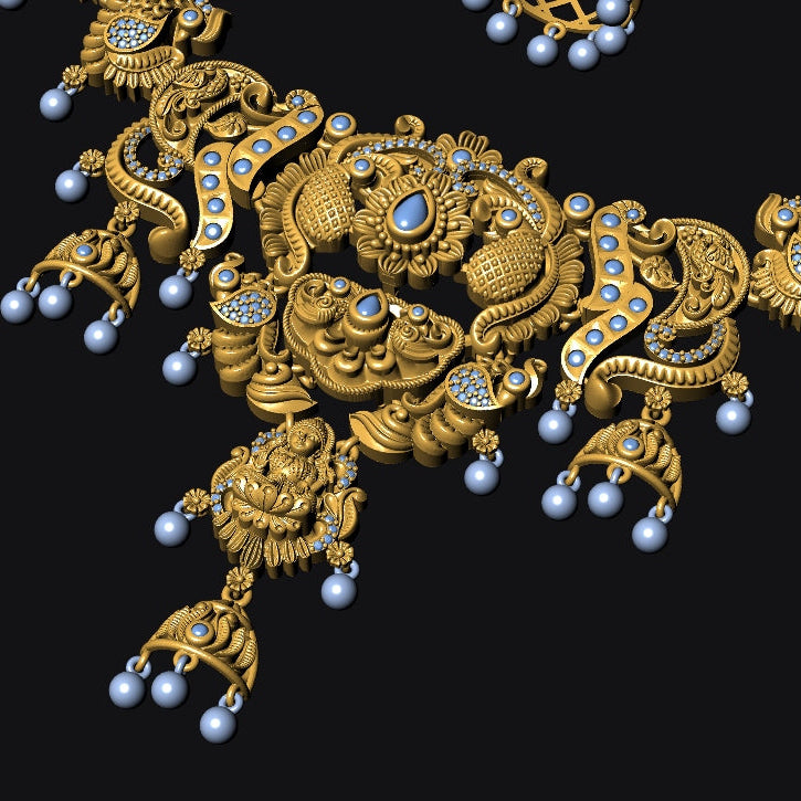 Ornate gold necklace with blue gemstones on a black background