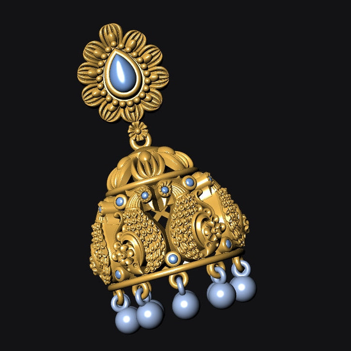 Gold earrings with blue gemstones on a black background