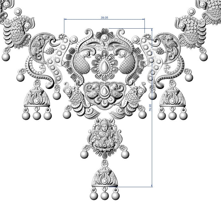 Detailed black and white drawing of an ornate necklace on a white background