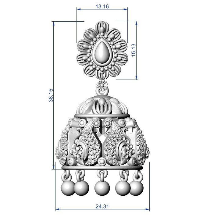 Silver jhumka earring with measurements on a white background