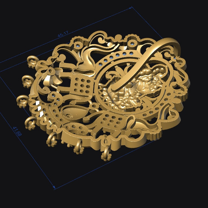 Gold decorative item with intricate design on a black background