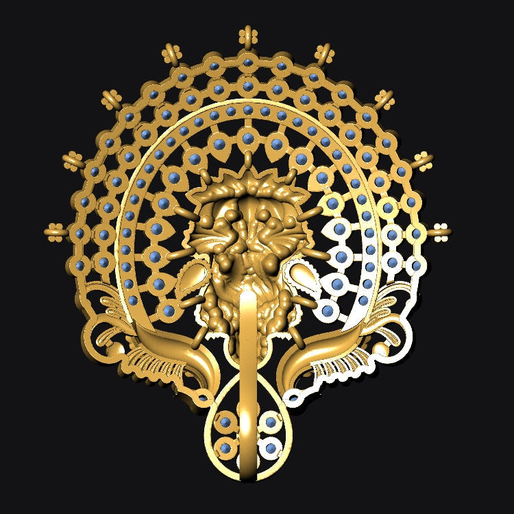 An ornate circular gold decorative emblem or medallion with a central lion head motif, intricate filigree patterns, and small blue circular accents, shown on a black background.