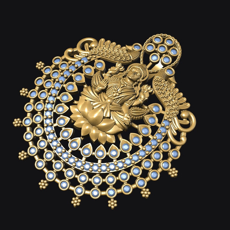An ornate gold-toned jewelry piece featuring a central deity motif surrounded by blue stone accents, displayed on a solid black background.