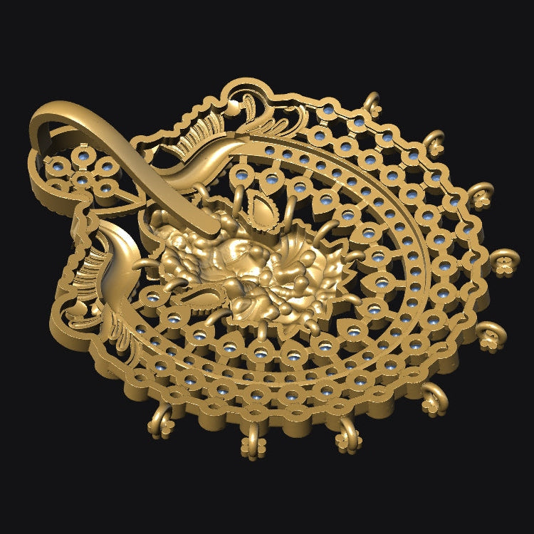 An ornate gold-toned decorative brooch or pin with intricate filigree, floral motifs, and small blue gemstone accents, shown on a solid black background.