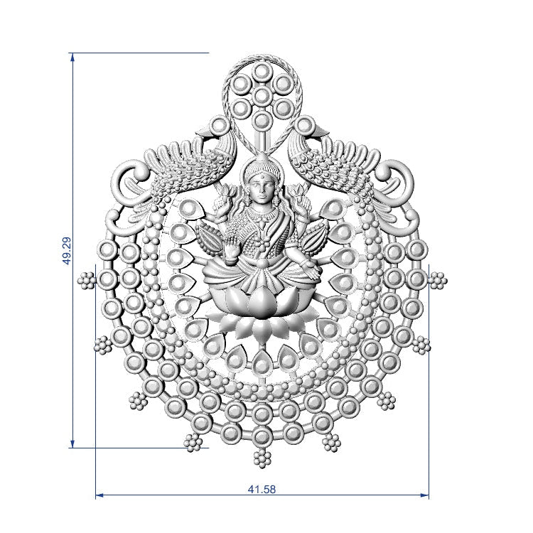 A 3D rendering of an ornate silver-toned wall hanging or decorative plaque featuring a seated deity surrounded by peacocks and circular bead-like motifs, with dimension lines and labels showing 49.29 in height and 41.