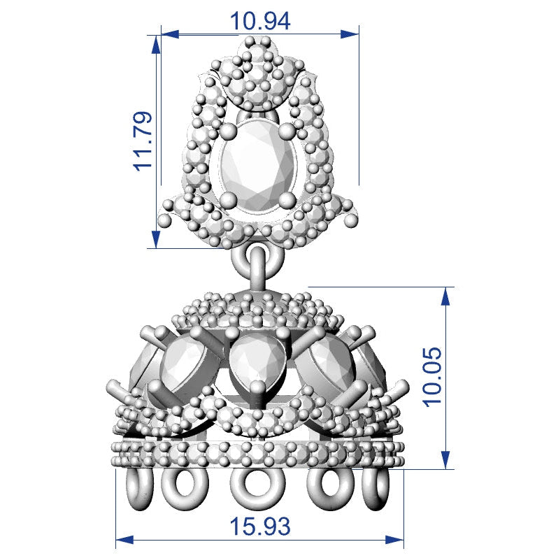 Silver-toned ornate jewelry pendant or earring with overlaid dimension lines and measurements (10.94, 11.