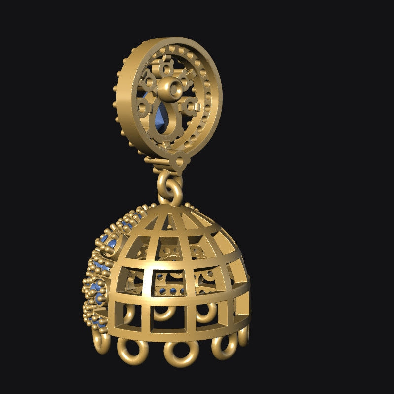 A gold-toned ornate pendant or charm with a circular top section featuring a small blue stone and a hanging globe-like lower section with cutout detailing, shown on a solid black background.
