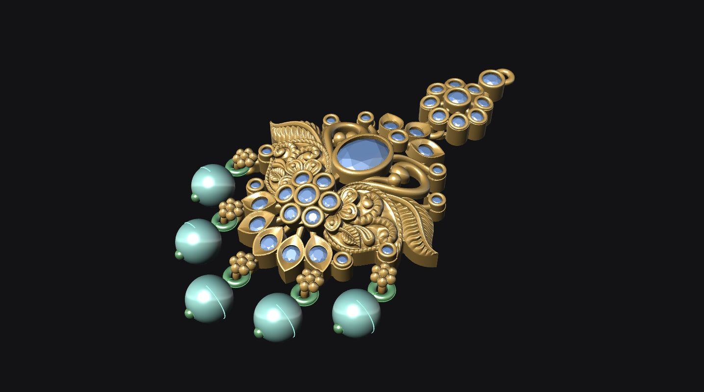 An ornate gold-toned jewelry piece featuring blue gemstone accents and dangling light blue beads, shown on a solid black background.