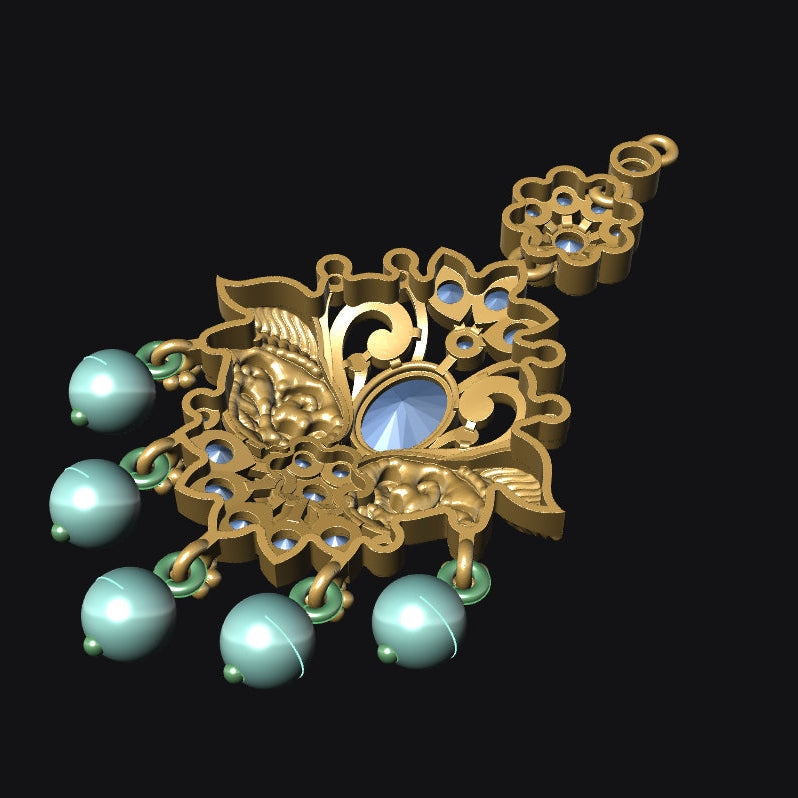 An ornate gold-toned filigree pendant or brooch with a central blue stone and five dangling light blue-green beads, shown on a solid black background.