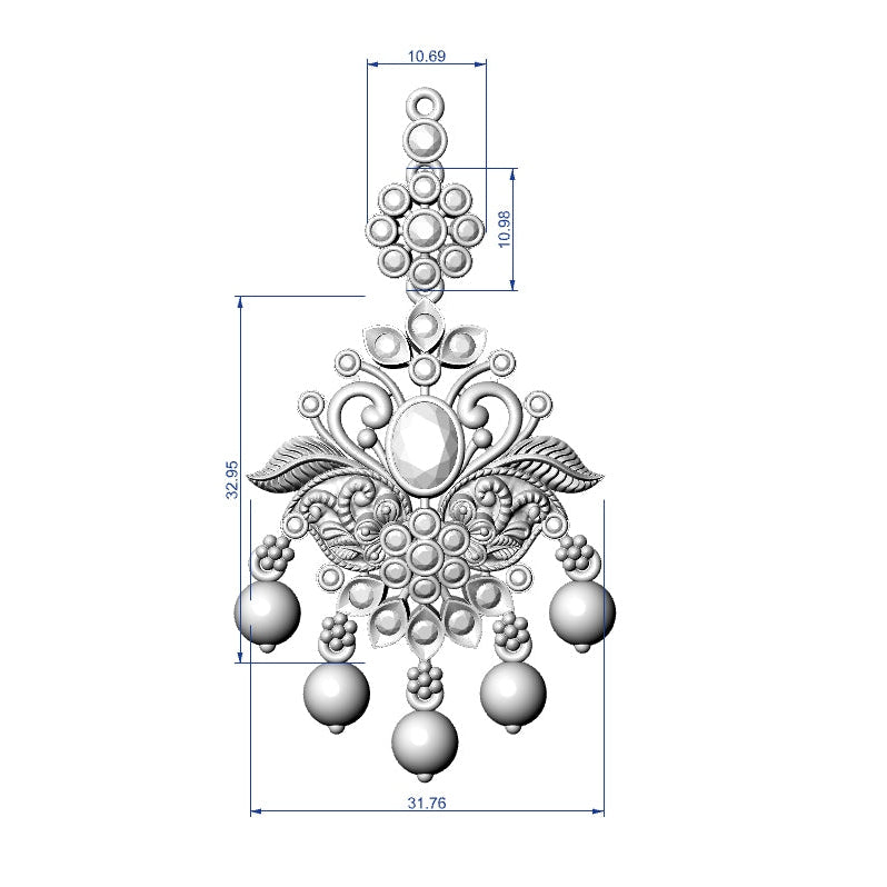 A technical line drawing of an ornate silver-toned jewelry piece, likely a pendant or earring, with dimension annotations around it on a plain white background.