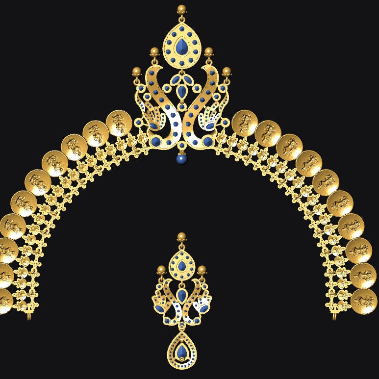 An ornate gold-toned traditional jewelry set featuring a large arched necklace with circular pendant elements and a matching dangling earring, decorated with blue and white stones, shown on a solid black background.