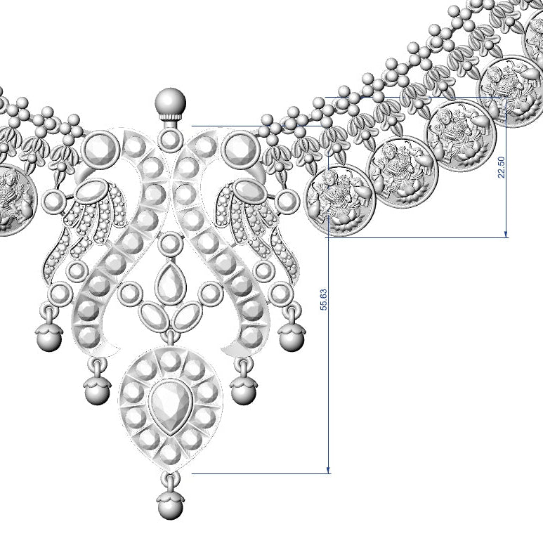 Silver-toned coin pendant necklace with intricate filigree and bead detailing, shown on a plain white background with measurement annotations.