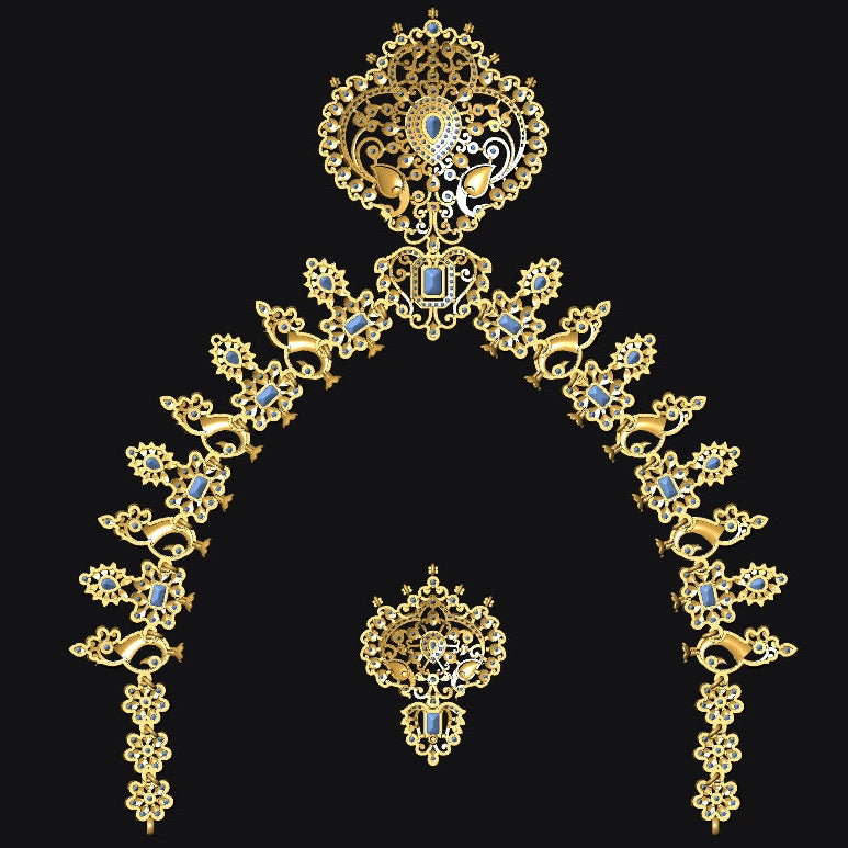 An ornate gold-toned jewelry set displayed on a solid black background, featuring a large arched piece with a decorative top piece and a smaller matching piece below.