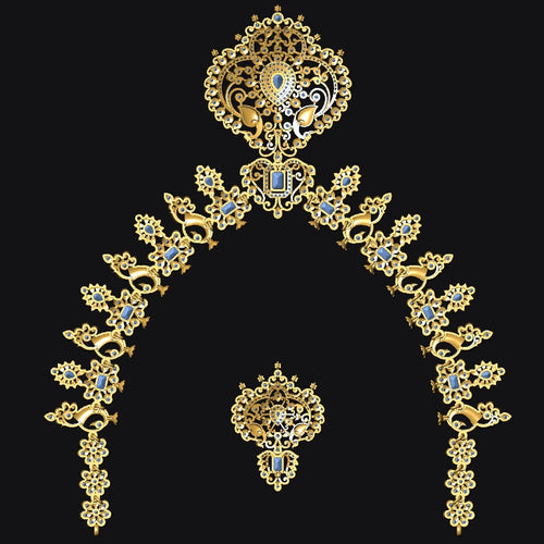An ornate gold-toned jewelry set displayed on a solid black background, featuring a large arched piece with a decorative top piece and a smaller matching piece below.