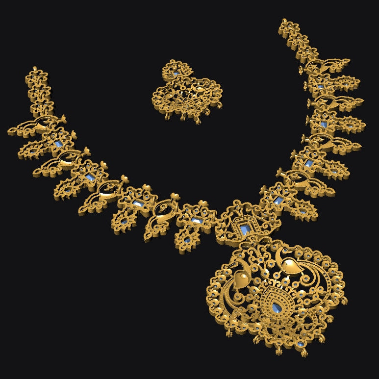 An ornate gold-toned jewelry set featuring a necklace with a large circular pendant, matching earrings, and a small accessory piece, displayed on a solid black background.