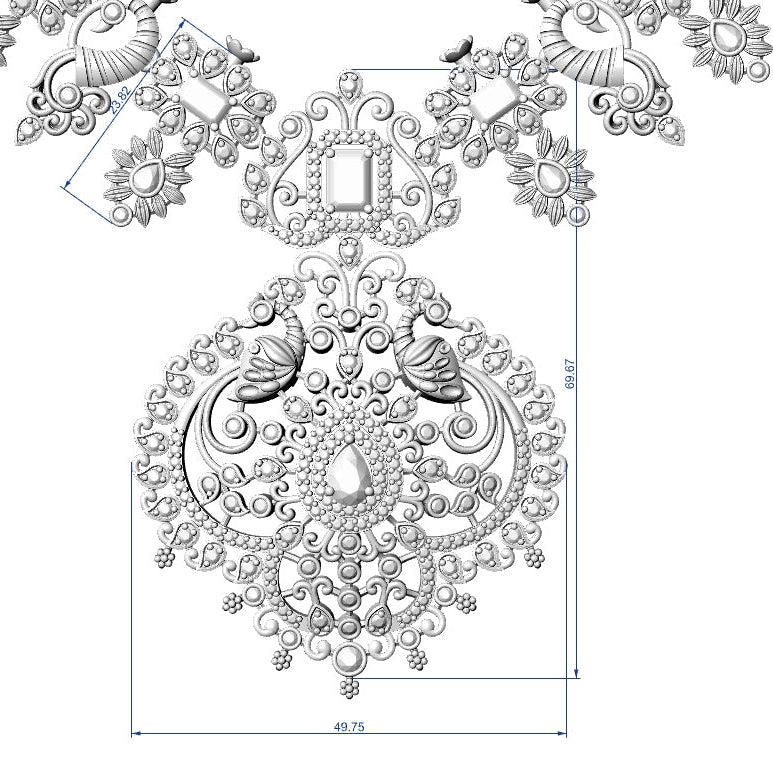Black and white line art schematic showing a decorative hanging ornament or wall hanging with ornate floral and scroll motifs, plus dimension lines and measurements.