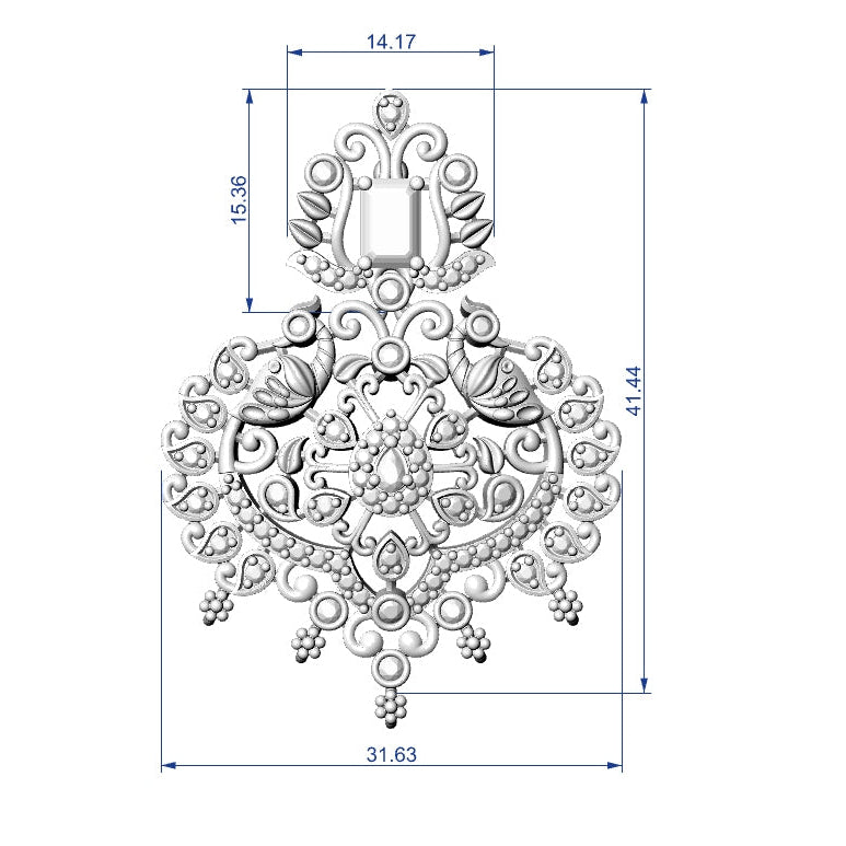 A technical line drawing of an ornate decorative wall hanging or ornament, shown in grayscale with dimension labels and measurement lines on a white background.