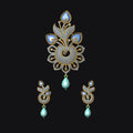 Gold-toned traditional Indian jewelry set featuring a large ornate choker necklace and matching drop earrings, embellished with white stones and light blue teardrop pearls, set against a solid black background.