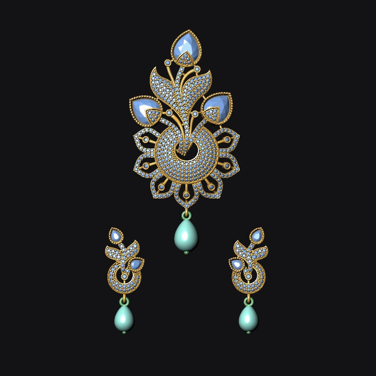 Gold-toned traditional Indian jewelry set featuring a large ornate choker necklace and matching drop earrings, embellished with white stones and light blue teardrop pearls, set against a solid black background.