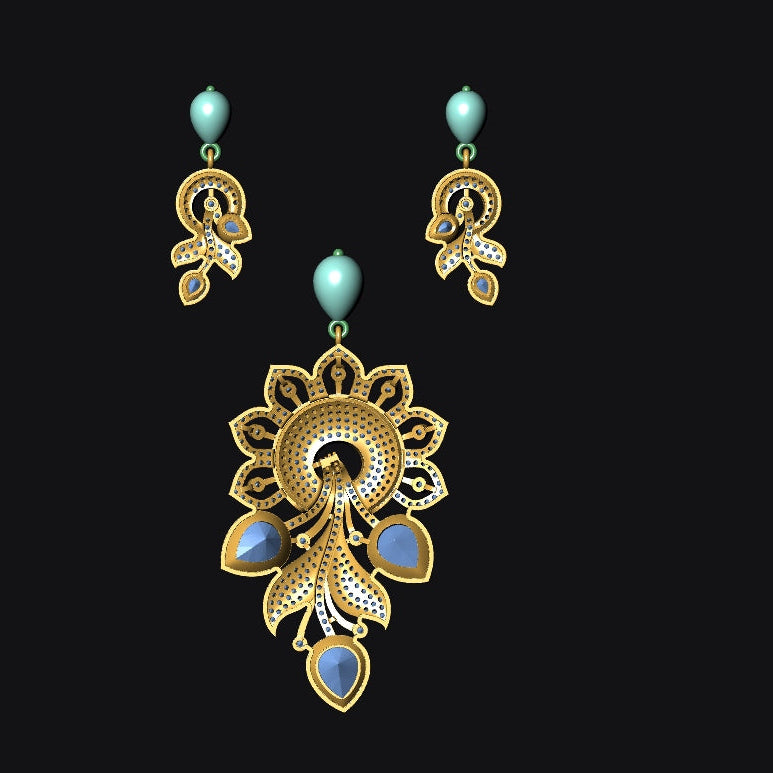 Gold-toned traditional Indian jewelry set featuring a peacock motif pendant and matching drop earrings, embellished with light blue teardrop beads and pavé details, set against a solid black background.