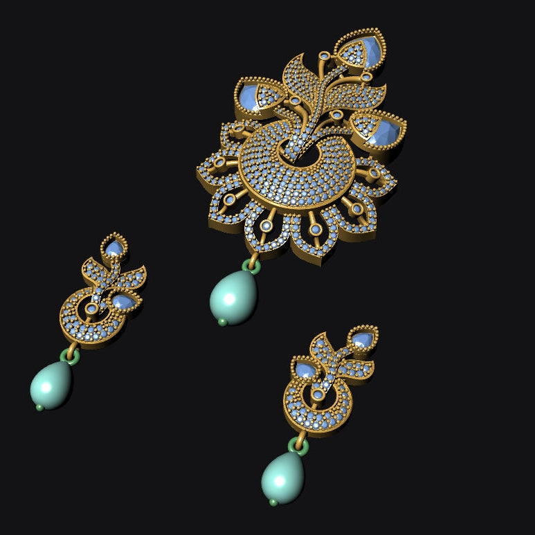 Gold-toned traditional Indian jhumka earrings with intricate stone detailing and light blue-green bead drops, displayed on a solid black background.