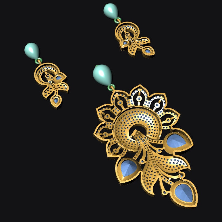 A pair of gold-toned traditional earrings with light blue teardrop beads and blue stone accents, displayed on a solid black background.