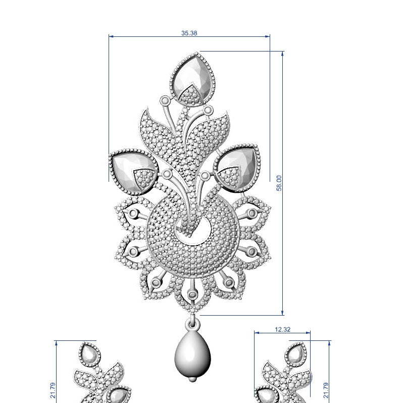 Silver-toned ornate earring with dimension annotations showing measurements of 30.38 mm, 15.